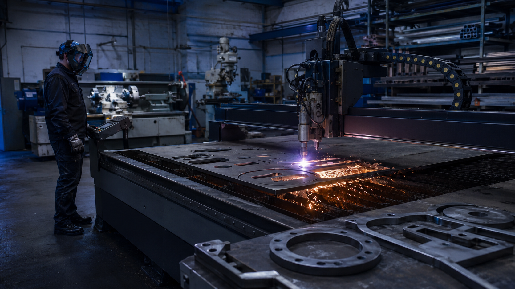 The CNC plasma cutter cutting steel plate with the operator at the controls